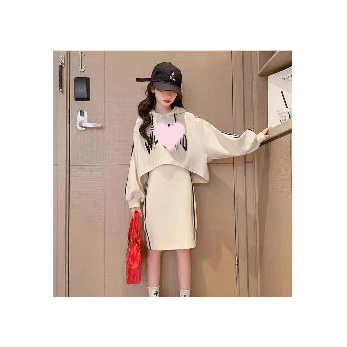 Online celebrity girls Korean style suit spring and autumn fashionable letter suspender skirt grandma hooded sweater two-piece set Apricot 