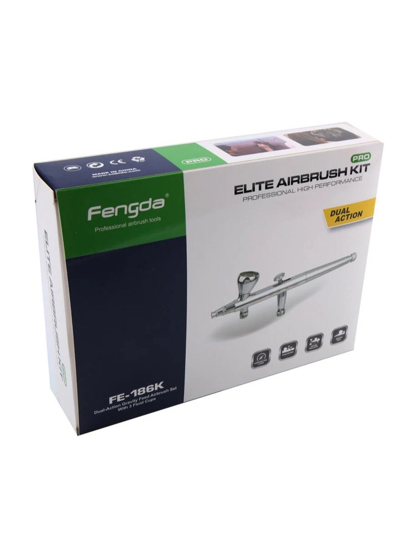 فينجدا مجموعة مسدس اير برش الطلاء Fengda Elite Airbrush 0.2 و0.3 و0.5 مم ذات التغذية بالجاذبية، مزدوجة الحركة، مع 3 أكواب قابلة للتبديل، وفوهات، وأنبوب هواء مضفر بطول مترين (FE-186K) - Image 4