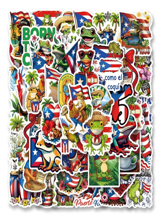 CPORER 50Pcs Funny Puerto Rico Coqui Stickers Cute Coqui Frog Sticker Puerto Rico Flag Decal Stickers for Water Bottle, Hydroflask, Guitar, Luggage, Phone, Case, Laptop, Skateboard, Gift - Image 1