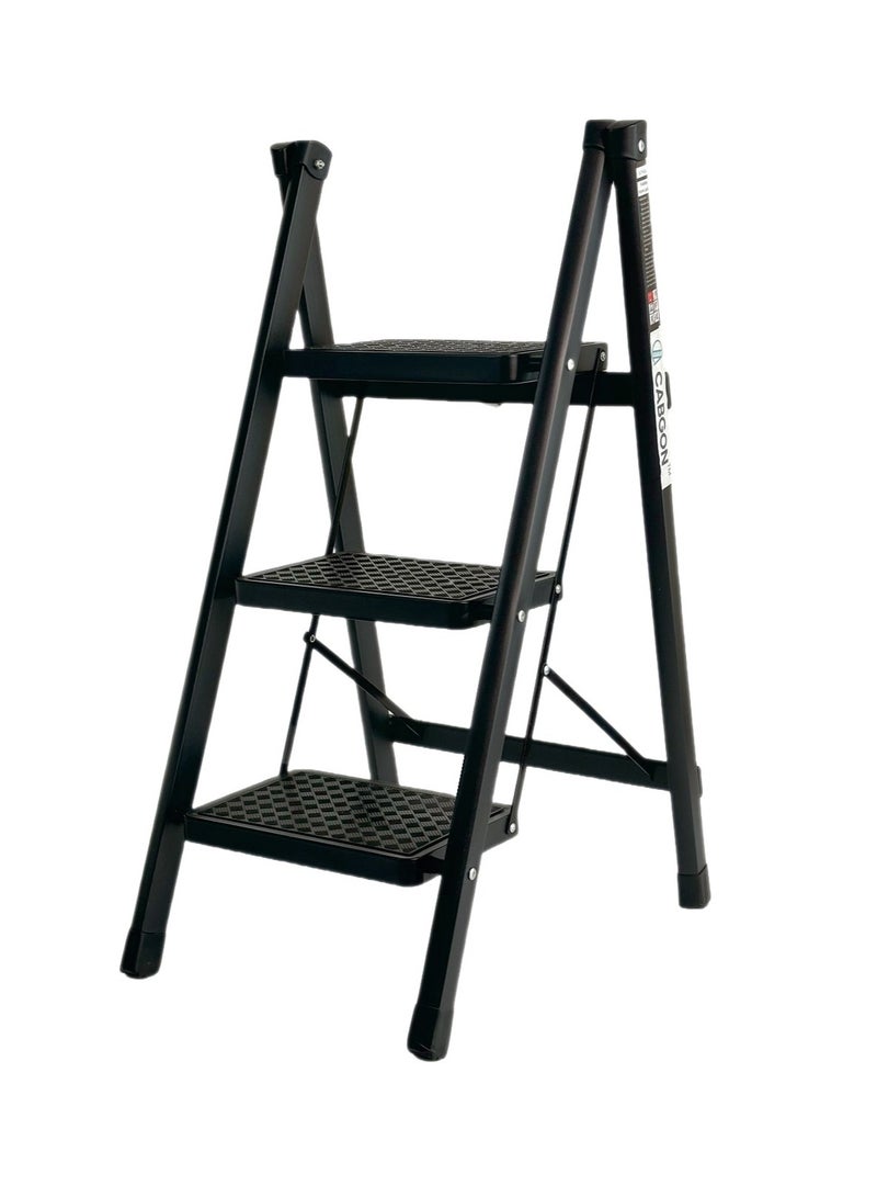 CABGON 3 Steps Folding Ladder for Home Use, Lightweight Fodable Step Stool with Handrail, Non-Slip Wide Pedals, Steel Step Ladder for Kitchen, Office, Bedroom (Black, 3 steps) - Image 1
