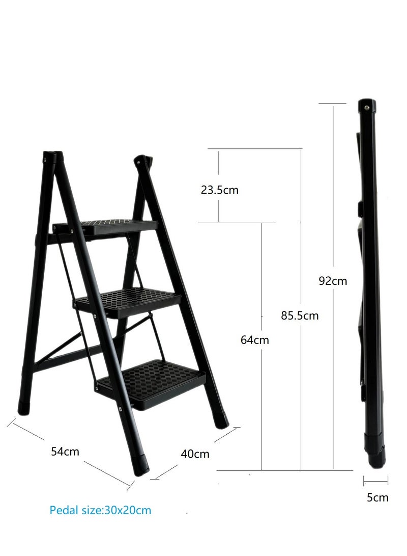 CABGON 3 Steps Folding Ladder for Home Use, Lightweight Fodable Step Stool with Handrail, Non-Slip Wide Pedals, Steel Step Ladder for Kitchen, Office, Bedroom (Black, 3 steps) - Image 2