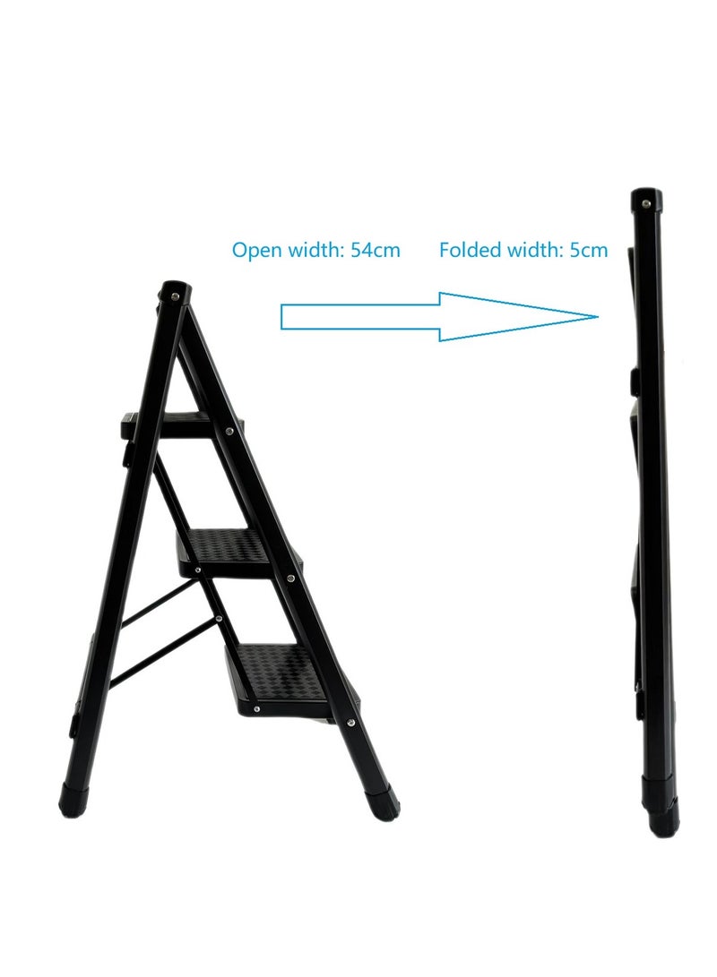 CABGON 3 Steps Folding Ladder for Home Use, Lightweight Fodable Step Stool with Handrail, Non-Slip Wide Pedals, Steel Step Ladder for Kitchen, Office, Bedroom (Black, 3 steps) - Image 3