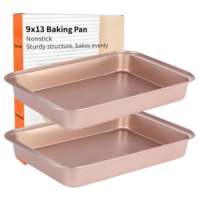 Barlket 9x13 Baking Pan, Rectangle Cake Pan Nonstick, Bakeware Baking Pans for Oven, Easy Clean, Carbon Steel Cake Pan for Lasagna Brownies Casseroles Cakes Pan, Rose Gold - Image 1