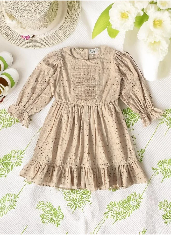 بيلا مودا Bella Moda Solid Schiffli Pintuck Detail Dress with 3/4 Sleeves