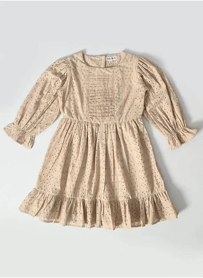 بيلا مودا Bella Moda Solid Schiffli Pintuck Detail Dress with 3/4 Sleeves