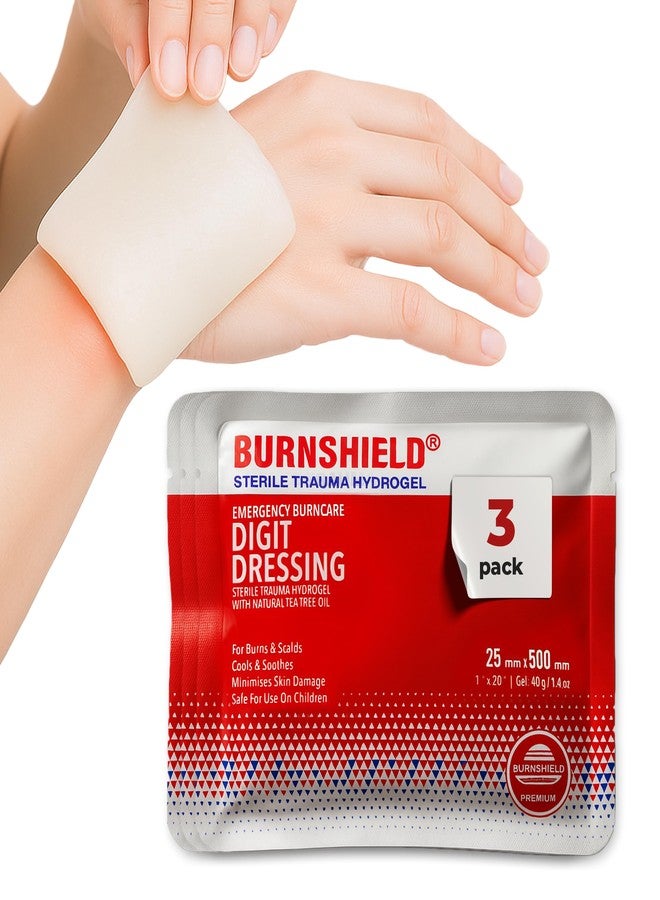 Burnshield Burn Dressing 2.5 x 50cm (3-Pack - Sterile Hydrogel Trauma Pads for Finger and Toe Burns, Scalds & Sunburn Relief – Emergency First Aid Cooling Gel - Individually Wrapped - Image 1