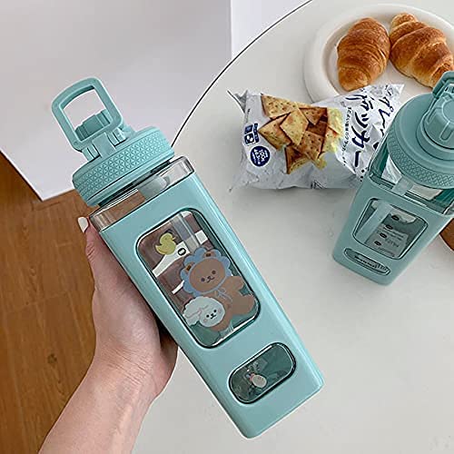 WEZOSHINET Kawaii Water Bottle With Straw, 3D Stickers Cute Aesthetic Bottle Kawaii Milk Bottle Tea Cup Juice Shaker Portable Plastic Sport Square Shape Drinking Bottle (700Ml, Multicolor) - Image 2