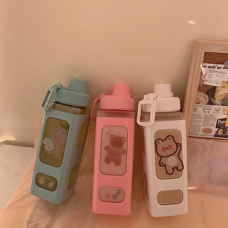 WEZOSHINET Kawaii Water Bottle With Straw, 3D Stickers Cute Aesthetic Bottle Kawaii Milk Bottle Tea Cup Juice Shaker Portable Plastic Sport Square Shape Drinking Bottle (700Ml, Multicolor) - Image 3