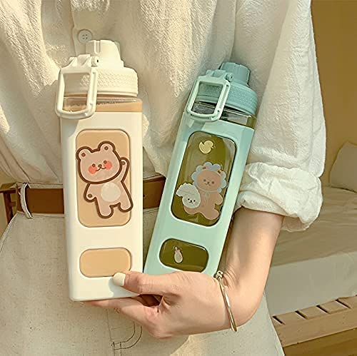 WEZOSHINET Kawaii Water Bottle With Straw, 3D Stickers Cute Aesthetic Bottle Kawaii Milk Bottle Tea Cup Juice Shaker Portable Plastic Sport Square Shape Drinking Bottle (700Ml, Multicolor) - Image 1