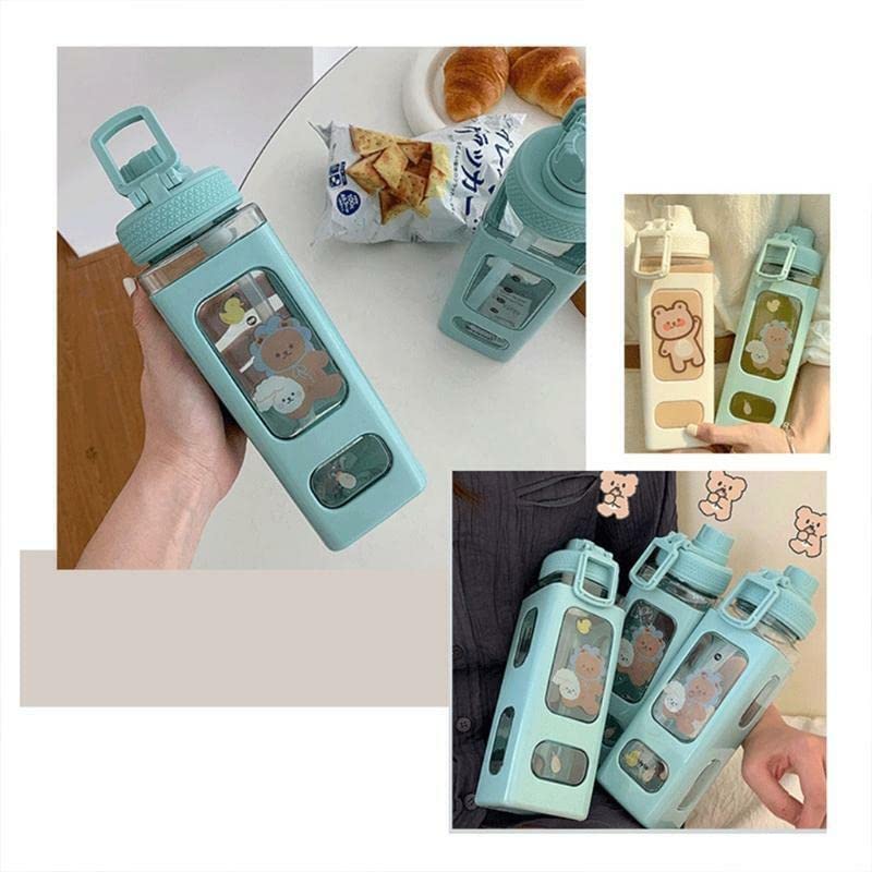 WEZOSHINET Kawaii Water Bottle With Straw, 3D Stickers Cute Aesthetic Bottle Kawaii Milk Bottle Tea Cup Juice Shaker Portable Plastic Sport Square Shape Drinking Bottle (700Ml, Multicolor) - Image 5