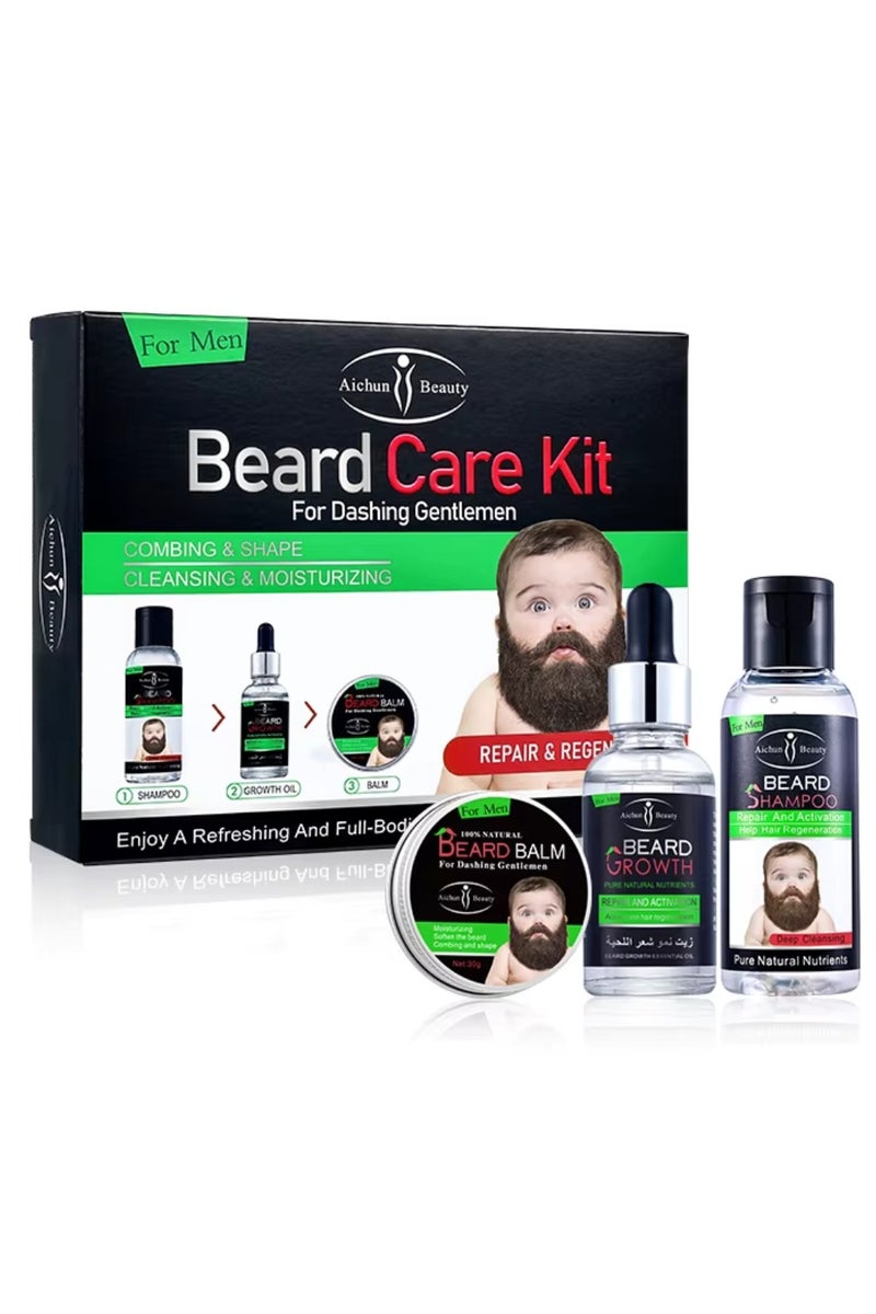 Aichun beauty Beard Care Kit for Dashing Gentlemen Shampoo Balm and Oil Black Beard Grow Oil Set Promotes Growth and Repair Damaged Beard Clean Moisturizing Beard Care Kit Men Beard Grooming Kit - Image 1