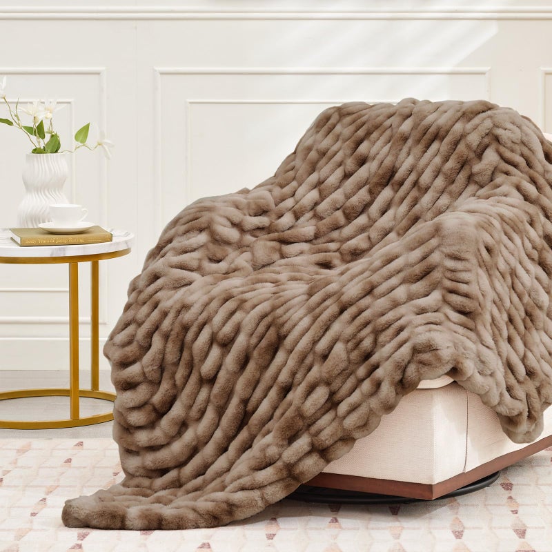 VFROO Ultra Soft Luxury Faux Fur Throw Blanket for Counch Fuzzy Fluffy Plush Warm Cozy Elegant Wrinkled Blanket for Sofa Bedroom Living Room (50""x60"" Tie-dye Coffee) - Image 1