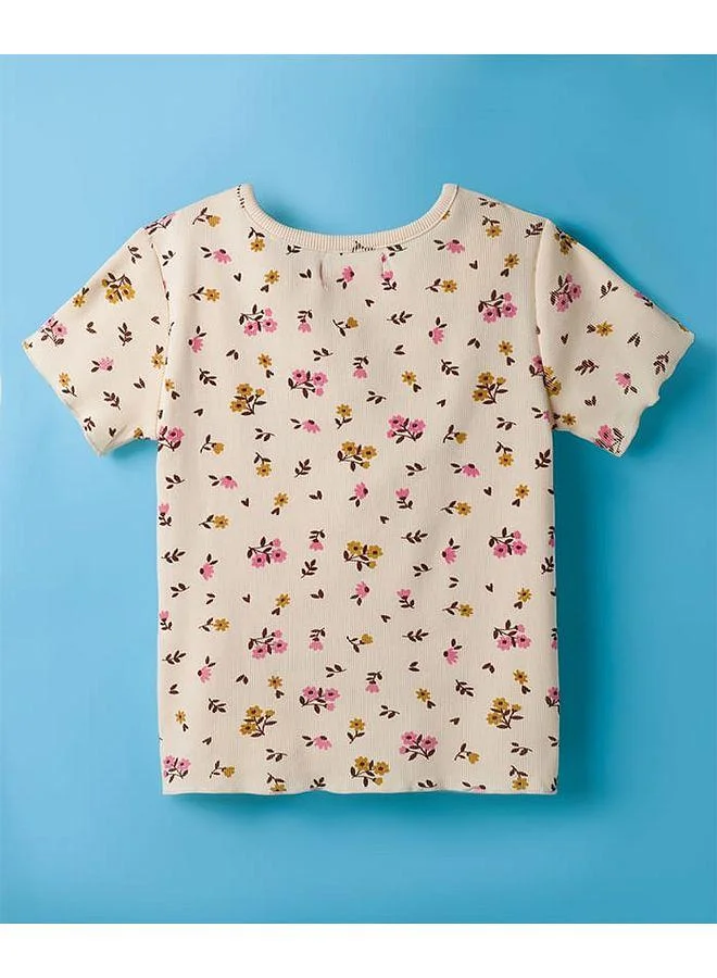 Honeyhap Honeyhap Premium Cotton Rib Knit With Bio Finish T-Shirt With Floral Print - Beige