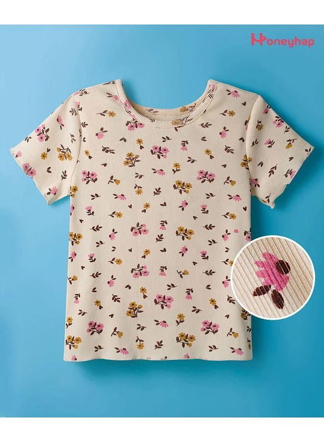 Honeyhap Honeyhap Premium Cotton Rib Knit With Bio Finish T-Shirt With Floral Print - Beige