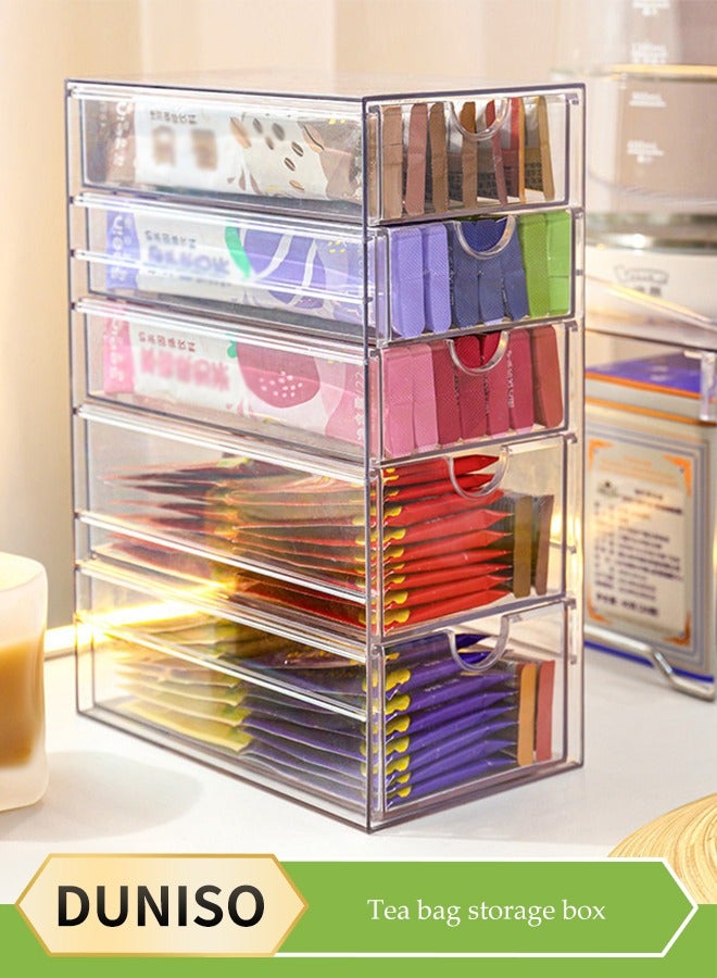 5 Layer Stackable Storage Drawers, transparent plastic tea rack, coffee storage box,cosmetics storage drawer, suitable for dressing table, bottom mat, kitchen cabinet, pantry storage and storage,10.4*17.5*25cm