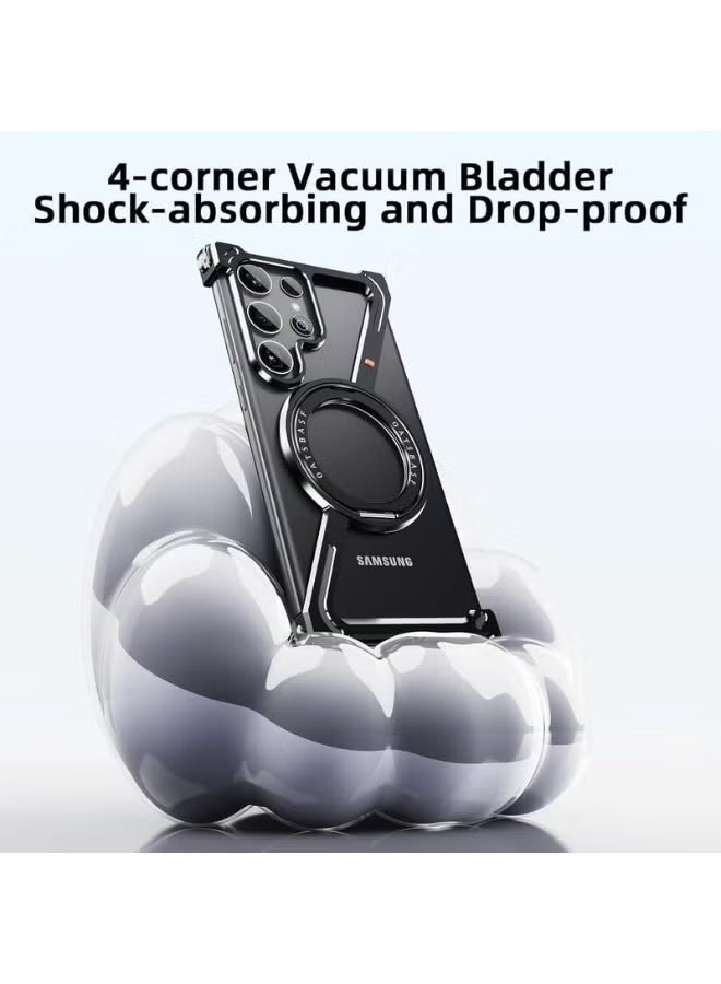 Oatsbasf S25 Black Color Z Shaped Metal Frameless 360° Rotatable Ring Metal Bumper Case with Kickstand for Samsung S25 Ultra - Image 4