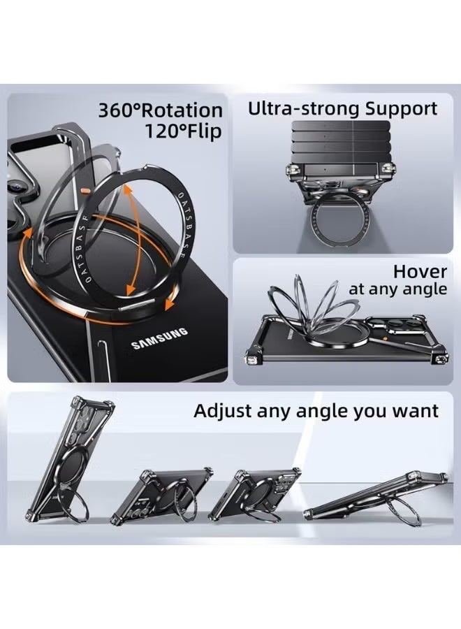 Oatsbasf S25 Black Color Z Shaped Metal Frameless 360° Rotatable Ring Metal Bumper Case with Kickstand for Samsung S25 Ultra - Image 2