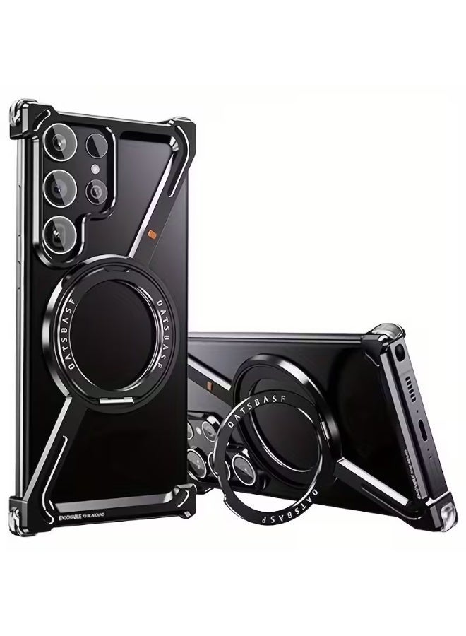 Oatsbasf S25 Black Color Z Shaped Metal Frameless 360° Rotatable Ring Metal Bumper Case with Kickstand for Samsung S25 Ultra - Image 1