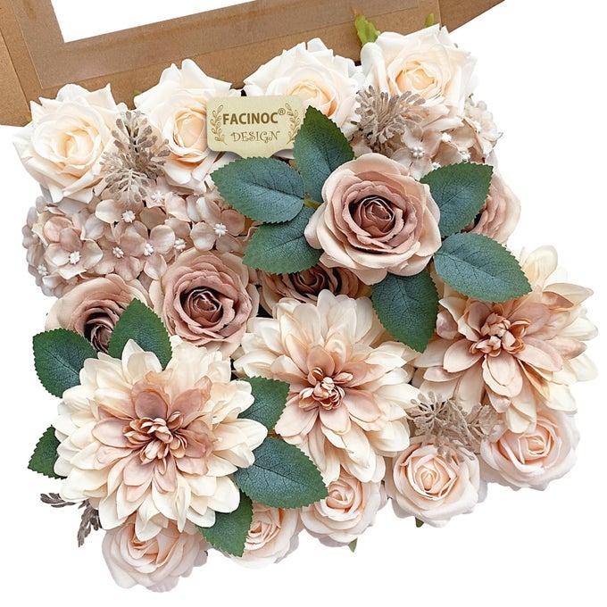 Roses Artificial Flowers Bouquets Box Set for DIY Bridal Wedding Shower Decorations Centerpieces for Table Fake Floral Arrangement for Party Home Decor Indoor Taupe Beige