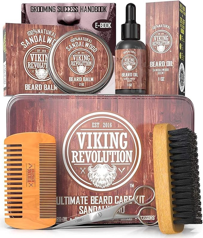 Viking Revolution Ultimate Grooming Kit for Men Boar Brush Wood Comb Sandalwood Balm Oil Scissors for Beard Mustache