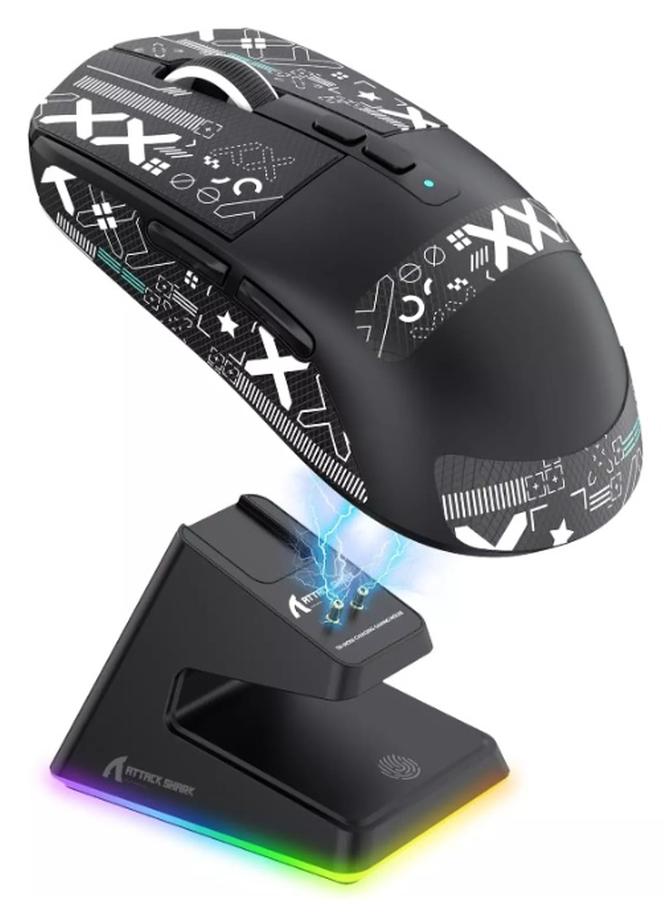 هجوم القرش ماوس ألعاب X6 ثلاثي الوضع، سلكي/لاسلكي 2.4 جيجاهرتز/BT5.2، مع قاعدة شحن بإضاءة خلفية RGB، بدقة 26 ألف نقطة في البوصة، ومستشعر بصري PAW3395، وخفيف الوزن 49 جرامًا - Image 1