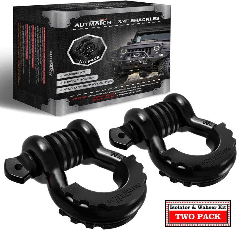 AUTMATCH D Ring Shackle 3/4" Shackles (2 Pack) 41,887Ibs Break Strength, Clevis Shackle with 7/8" Screw Pin and Shackle Isolator Washers Kit for Tow Strap Winch Off Road Vehicle Recovery, Black - Image 1