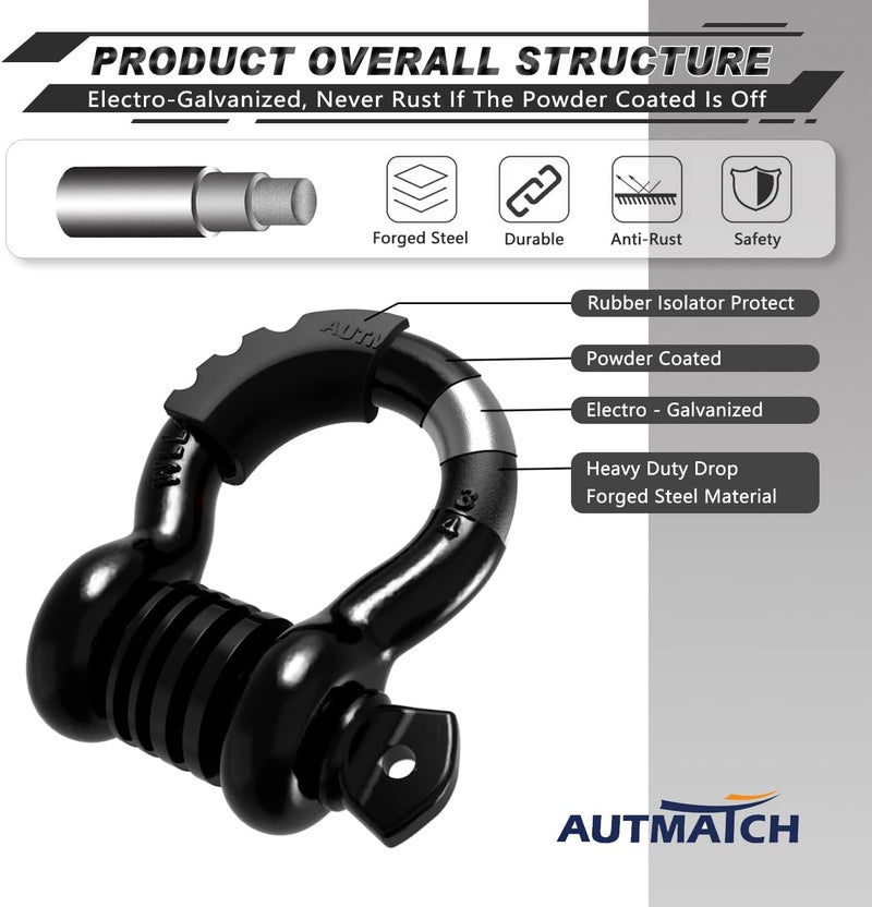 AUTMATCH D Ring Shackle 3/4" Shackles (2 Pack) 41,887Ibs Break Strength, Clevis Shackle with 7/8" Screw Pin and Shackle Isolator Washers Kit for Tow Strap Winch Off Road Vehicle Recovery, Black - Image 4