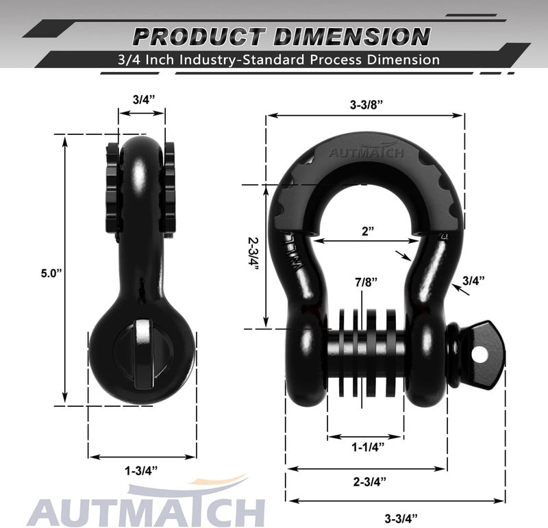 AUTMATCH D Ring Shackle 3/4" Shackles (2 Pack) 41,887Ibs Break Strength, Clevis Shackle with 7/8" Screw Pin and Shackle Isolator Washers Kit for Tow Strap Winch Off Road Vehicle Recovery, Black - Image 3