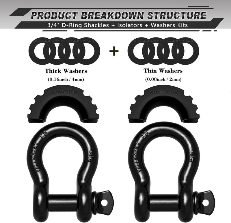 AUTMATCH D Ring Shackle 3/4" Shackles (2 Pack) 41,887Ibs Break Strength, Clevis Shackle with 7/8" Screw Pin and Shackle Isolator Washers Kit for Tow Strap Winch Off Road Vehicle Recovery, Black - Image 2
