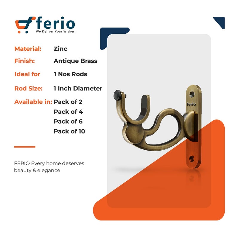 Ferio Premium Zinc Heavy Curtain Holder Brackets for Door and Window Curtain Bracket Set for 1 Inch Rod Brass Antique Pack of 6 Brass - Image 3