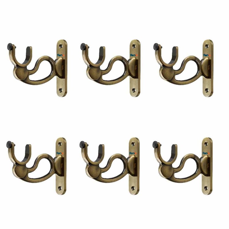 Ferio Premium Zinc Heavy Curtain Holder Brackets for Door and Window Curtain Bracket Set for 1 Inch Rod Brass Antique Pack of 6 Brass - Image 1