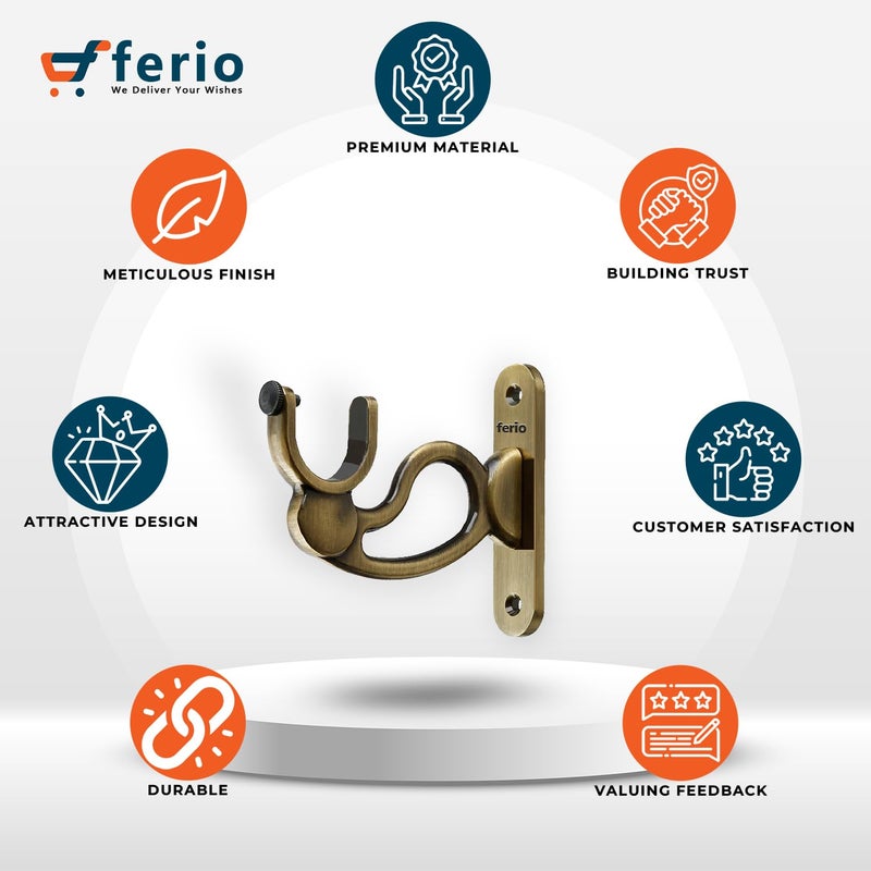 Ferio Premium Zinc Heavy Curtain Holder Brackets for Door and Window Curtain Bracket Set for 1 Inch Rod Brass Antique Pack of 6 Brass - Image 4