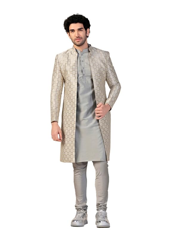 KISAH Men's Indo-Western Kurta Sherwani Churidar Set, Grey Silk Blend, Woven Design Regular Fit Mandarin Collar Long Sleeves|40 - Image 1