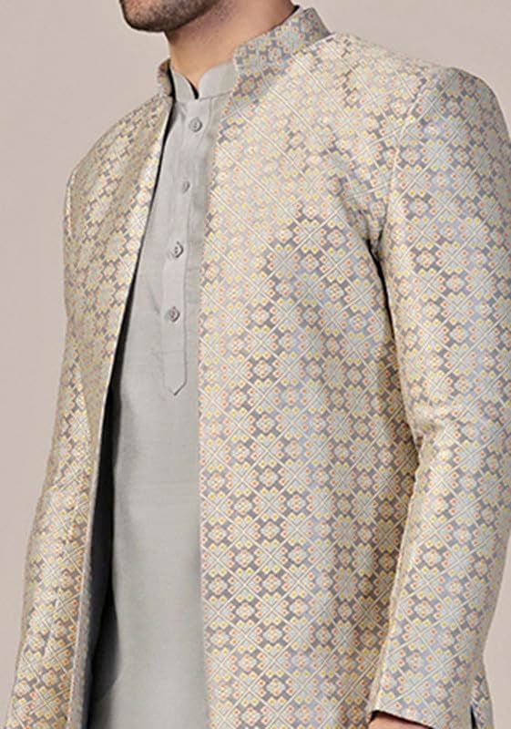 KISAH Men's Indo-Western Kurta Sherwani Churidar Set, Grey Silk Blend, Woven Design Regular Fit Mandarin Collar Long Sleeves|40 - Image 5