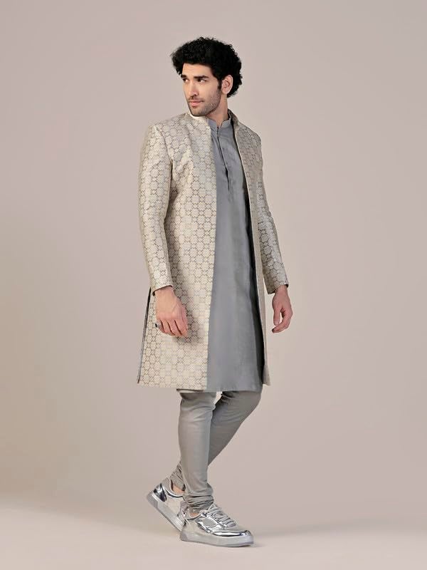 KISAH Men's Indo-Western Kurta Sherwani Churidar Set, Grey Silk Blend, Woven Design Regular Fit Mandarin Collar Long Sleeves|40 - Image 3