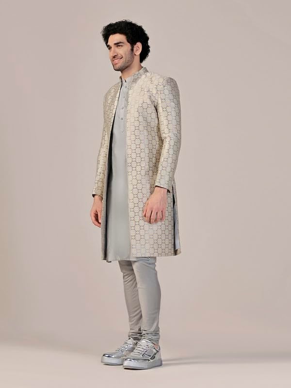 KISAH Men's Indo-Western Kurta Sherwani Churidar Set, Grey Silk Blend, Woven Design Regular Fit Mandarin Collar Long Sleeves|40 - Image 2