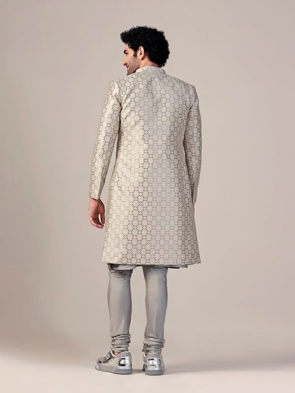 KISAH Men's Indo-Western Kurta Sherwani Churidar Set, Grey Silk Blend, Woven Design Regular Fit Mandarin Collar Long Sleeves|40 - Image 4