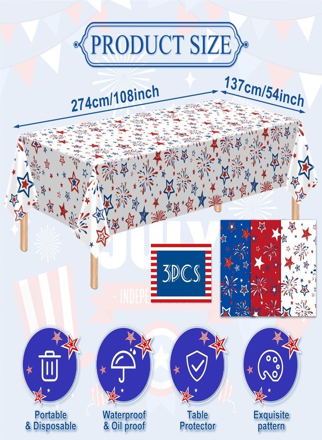SpinLaLa 3-Piece 54 x 108 Inch American Patriotic Plastic Tablecloth - Stars and Fireworks Design, Disposable Rectangle Table Cover for 4th of July, Memorial Day, Veterans Day, Indoor Outdoor Decoration - Image 2