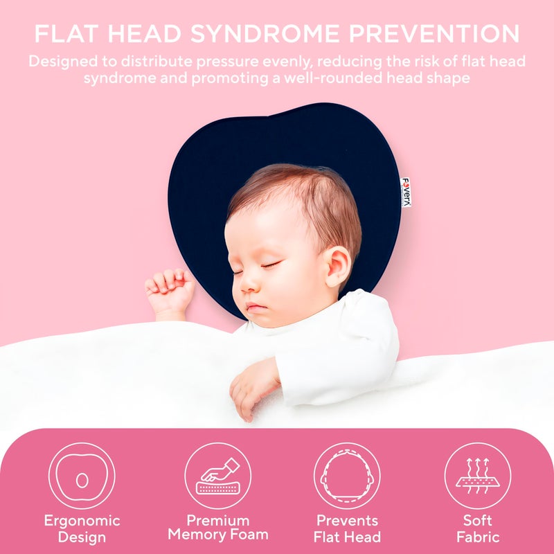 FOVERA Newborn Memory Foam Baby Pillow to Prevent and Treat Flat Head Syndrome - Head Shaping Pillow with Removable and Washable Cover (Navy Blue) - Image 2