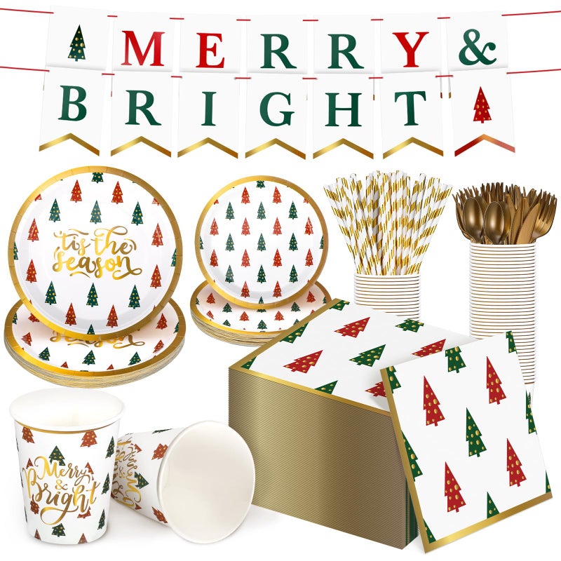 Suclain 202 Pcs Christmas Party Supplies - Merry Bright Banner  Tableware  Dinnerware Set for Xmas Decor  Serves 25 - Image 1