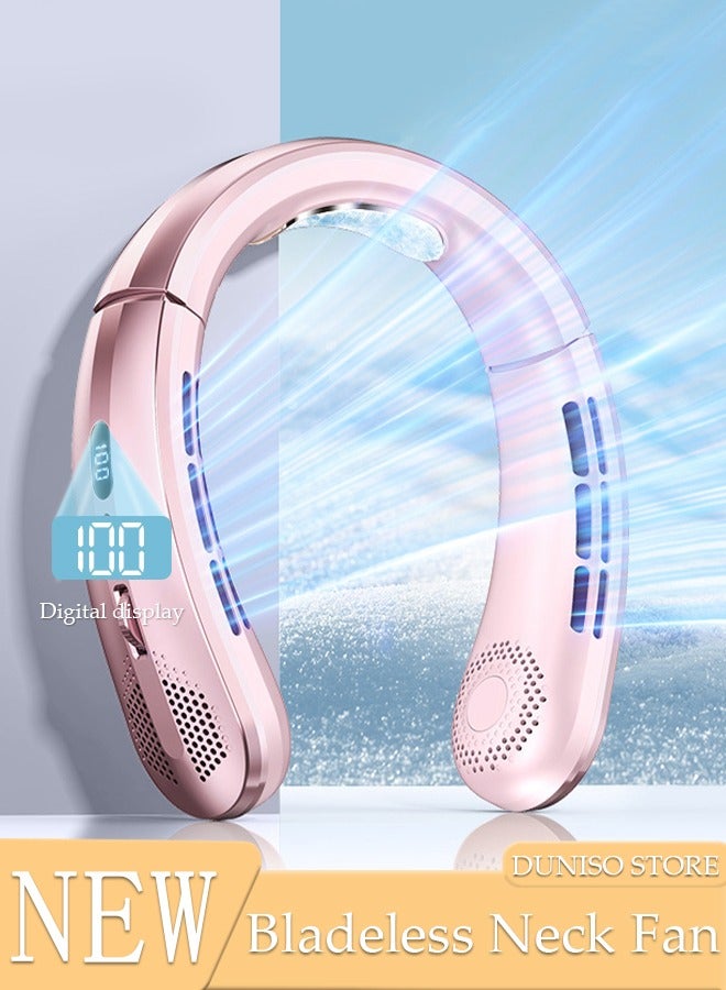 DUNISO مروحة عنق محمولة، مروحة عنق بدون شفرات قابلة للتعديل بيد واحدة مع شاشة LED، مروحة عنق شخصية قابلة لإعادة الشحن عبر USB تعمل بالبطارية للتوظيف، السفر، الرياضة، المنزل، الهواء الطلق - Image 1