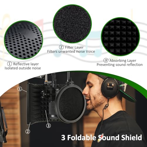 Frgyee Microphone Isolation Shield with Mic Stand and Pop Filter, Foldable Sound Shield for Most Condenser Microphone Recording Equipment Studio, High Density Absorbent Foam to Filter Vocal by Frgyee - Image 2