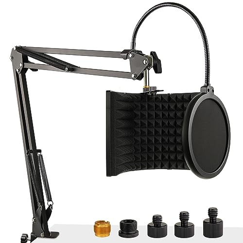 Frgyee Microphone Isolation Shield with Mic Stand and Pop Filter, Foldable Sound Shield for Most Condenser Microphone Recording Equipment Studio, High Density Absorbent Foam to Filter Vocal by Frgyee - Image 1
