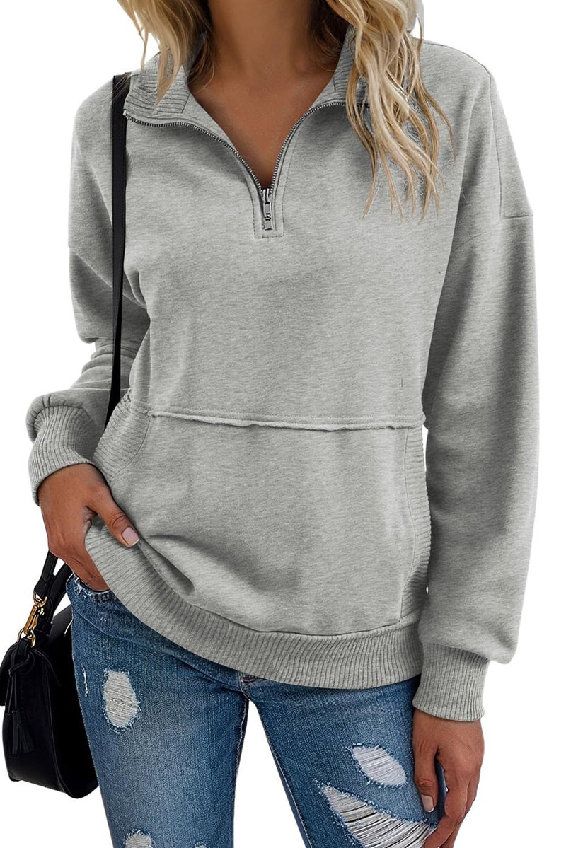 Shein SHEWIN Womens Sweatshirt Casual Half Zip Pullover Solid Long Sleeve Tops Quarter Zip Sweatshirts Trendy Fall Outfits Clothes 2025,US 12-14(L),Grey - Image 1