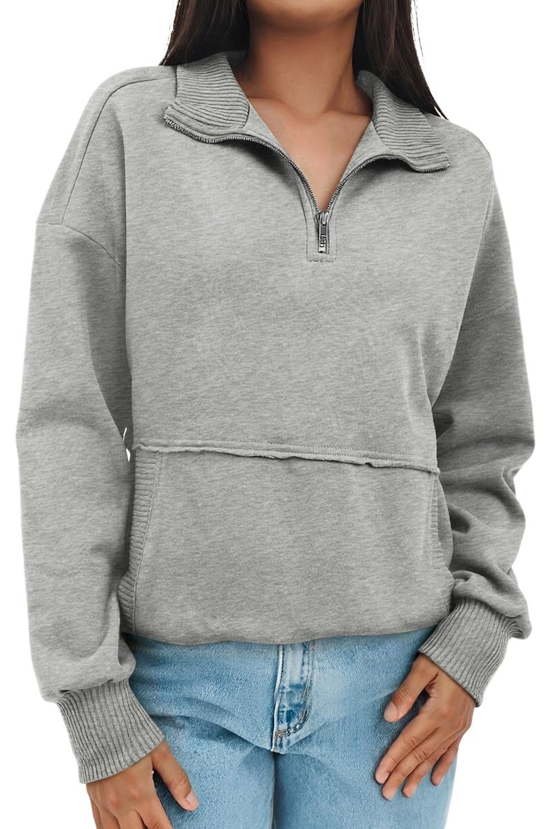 Shein SHEWIN Womens Sweatshirt Casual Half Zip Pullover Solid Long Sleeve Tops Quarter Zip Sweatshirts Trendy Fall Outfits Clothes 2025,US 12-14(L),Grey - Image 4