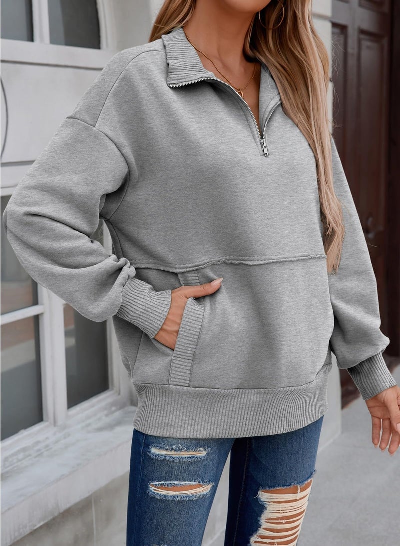 Shein SHEWIN Womens Sweatshirt Casual Half Zip Pullover Solid Long Sleeve Tops Quarter Zip Sweatshirts Trendy Fall Outfits Clothes 2025,US 12-14(L),Grey - Image 5