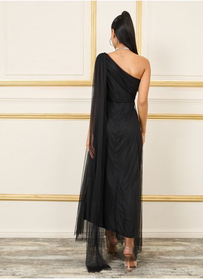 Styli - Mesh Insert One Shoulder Maxi Dress - Image 1