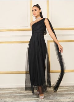 Mesh Insert One Shoulder Maxi Dress