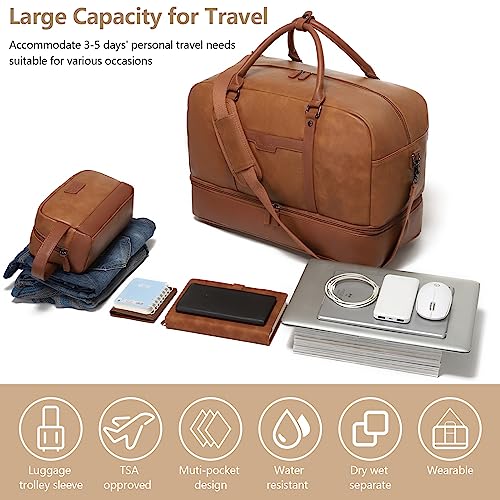 Wogarl Weekender Bag for Women: 4PCS Faux Leather Large Overnight Travel Duffel with Shoe Compartment & Toiletry Satchel Bags Carry On Duffle Fit 21" Laptop (Light Brown) - Image 3