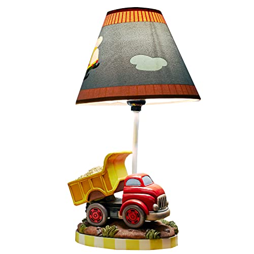 Fantasy Fields Kids Small Table Lamp, Truck Lamp, Car Lamp for Boys Room with Construction Truck Base & Helicopter Printed Shade, Transportation Themed - Image 1